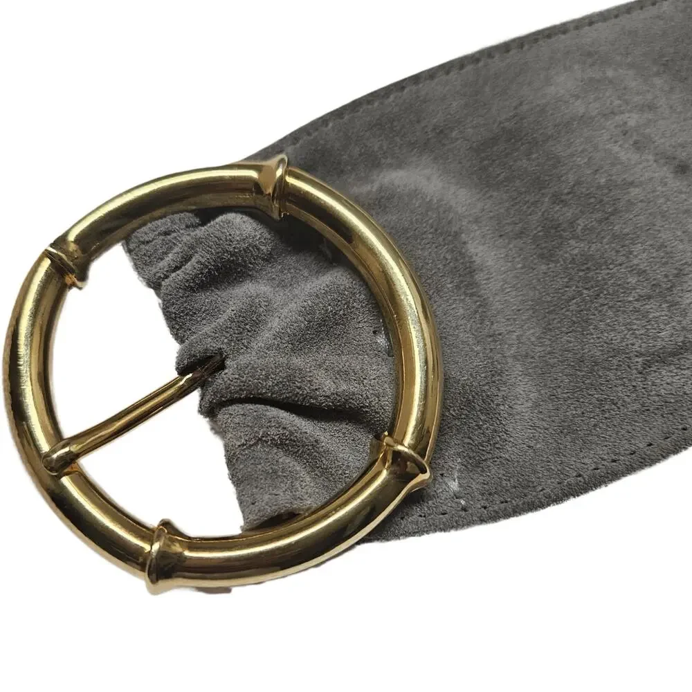 Avignon Genuine Leather Gray Suede Wide Cinching Belt Gold Pull Through Buckle